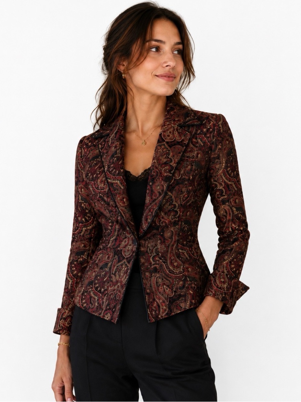Gianfranco Ferre Paisley Tapestry Blazer Jacket Women Burgundy Gold Size M